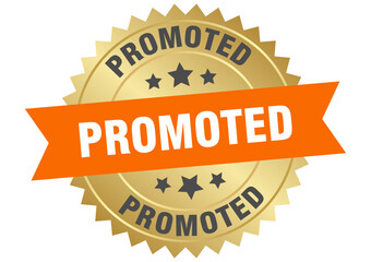 promoted. promoted round orange and gold label isolated on transparent background