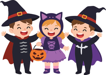 Three cheerful children dressed in Halloween costumes, showcasing flat design style, celebrating with joy, holding a pumpkin bucket, vector illustration