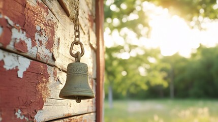 Obraz premium Rustic bell on weathered barn, sunset