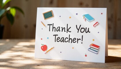 "Thank You Teacher" greeting card on wooden table with sunlight