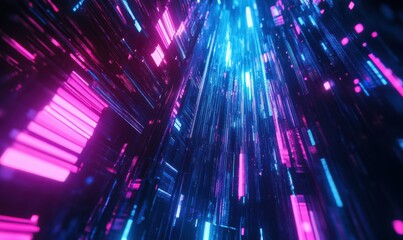Obraz premium Macro shot of dense glowing fiber optic lines illuminated by vibrant neon colors creating a bold and futuristic tech visual .