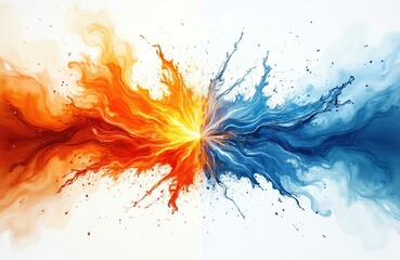 Striking clash between fire, water. Dynamic contrast elements creates bold intense visual. Orange fiery flames merging with cool blue liquid. Creative combination power, energy, conceptual effect.