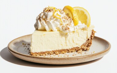 Creamy Lemon Cheesecake Slice with Whipped Cream on Beige Plate