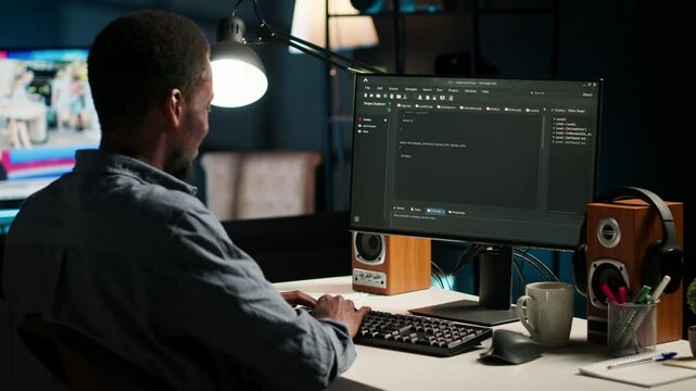 Black man programmer manages code and scripts in artificial intelligence and machine learning on dual monitors computer setup. Male freelancer uses pc to guarantee cyber security. Camera B.
