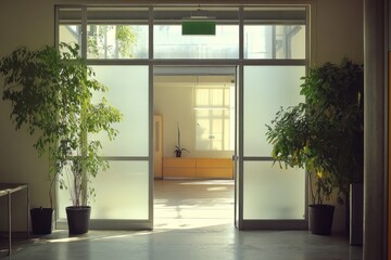Fototapeta premium Sunny office hallway, plants, open door, interior design, workspace