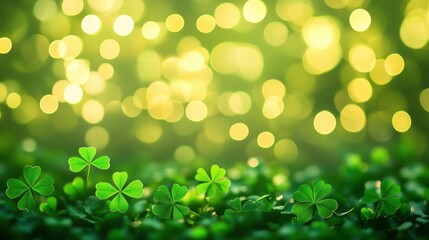 Obraz premium Green shamrock plants adorned with shimmering lights create a serene atmosphere in a lush environment during a vibrant spring day