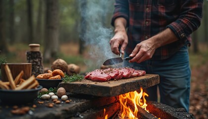Man preparing steak on wooden board over campfire in forest. Flames heat logs. Meat grilling outdoors. Healthy picnic food on hike tour. Summer vacation, holiday adventures.
