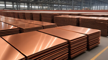 Piles of cathode copper plates at metal purification plant