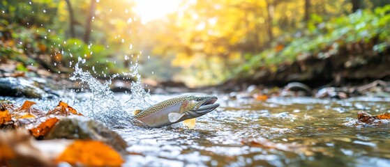 Fototapeta premium Salmon leaping, autumn stream, forest background, nature