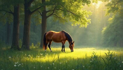 Naklejka premium Oil painting of horse grazing in green field with sunlight through trees. Fairy tale scene with animal at idyllic landscape. Summer pasture with grass, forest. Perfect for calendar, post card.