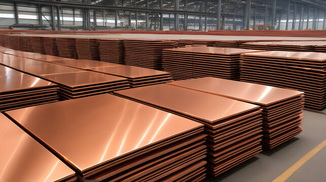 Piles of cathode copper plates at metal purification plant