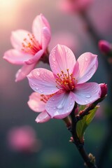 Soft pink blooms with dew drops reflecting the sky, flowers, blossom, seasonal
