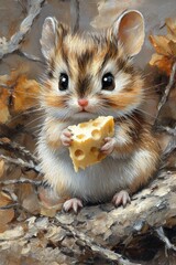Cute Mouse Eating Cheese in Autumn Woods