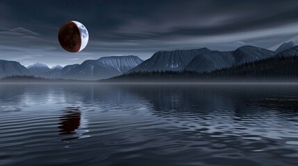 Pixelated sunset artwork showing a glowing red sun above shadowy mountains, mirrored in the stillness of a peaceful lake