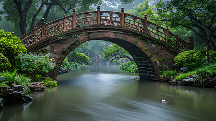 Fototapeta premium Serene stone bridge arching over a misty river, surrounded by lush greenery and tranquil nature