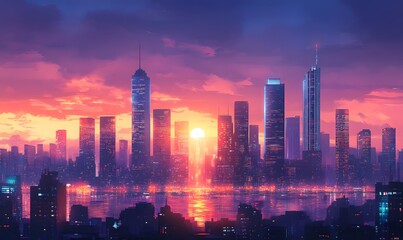 Fototapeta premium Vibrant Cityscape at Dusk: A Captivating Urban Silhouette Painting