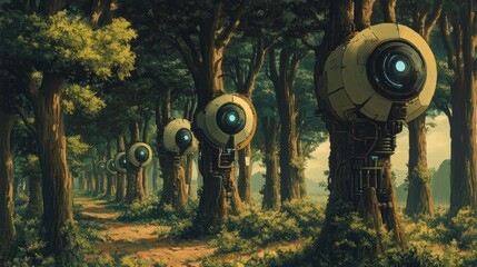 A forest of glowing green and yellow robots.