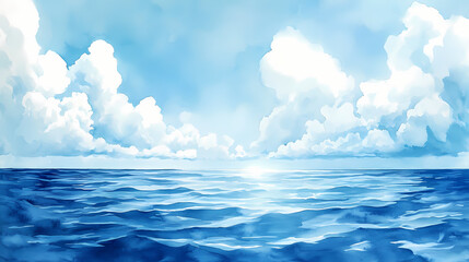 A dreamy watercolor painting depicting a serene ocean landscape with white puffy clouds and a glimmering horizon. Glimmering Horizon. Illustration