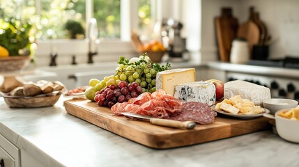 beautifully arranged charcuterie board featuring cheeses, cured meats, and fresh fruits, displayed on a farmhouse-style kitchen counter with soft natural light
