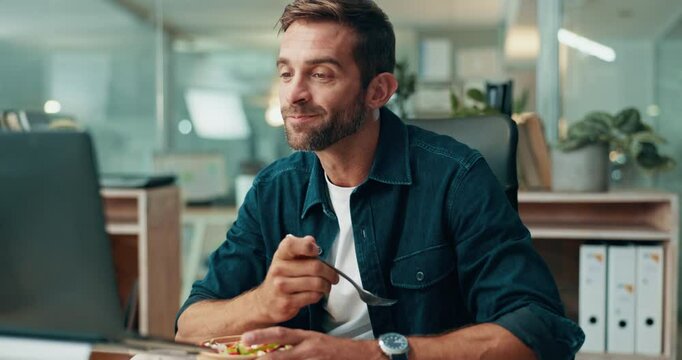 Man, eating and reading proposal with laptop, salad and lunch with networking in office. Business person, email and planning review for project management, report deadline and diet snack in home