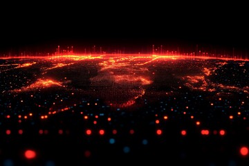 A digital representation of a glowing network data landscape
