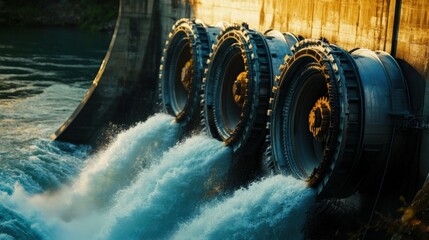 Water flowing from large turbines at a dam during sunset, showcasing energy generation
