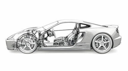 Obraz premium Detailed 3D Model Of A White Sports Car Chassis And Internal Mechanical Parts In Monochrome On White Background