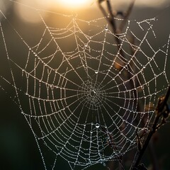 Fototapeta premium Beautiful Dewdrops on Spiderweb at Sunrise Nature Photography Art Macro Image Water Light Shiny 
