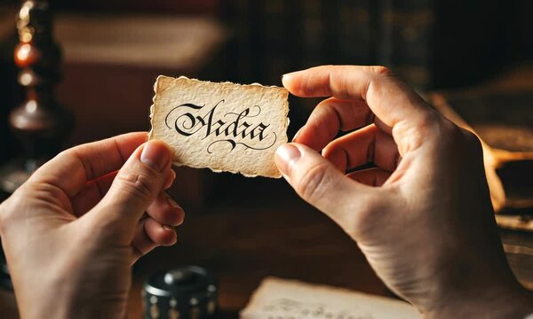 Person holding card with 'Bida' written on it in cursive