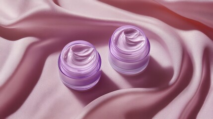 Two elegant jars of cream on soft pink satin fabric, highlighting beauty and skincare products