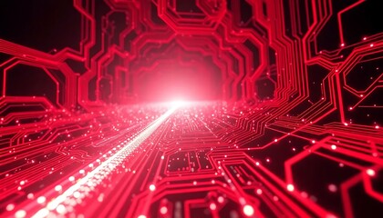 Intricate Red Circuitry Luminous Data Streams Bright Horizon