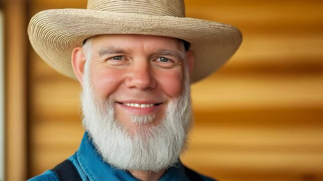 Smiling white bearded farmer looking at the camera wearing a straw hat