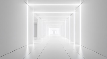 Fototapeta premium Bright White Futuristic Corridor Glowing Neon Lights Abstract Architecture Interior Design