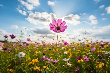 Obraz premium A vibrant field of wildflowers in various colors, with a single pink flower prominently standing against a bright, sunny sky.