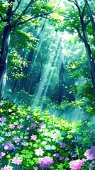 Fototapeta premium A bustling garden scene, rich with blooming flowers and glowing sunbeams filtering through the foliage