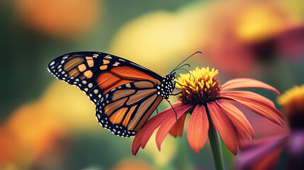 A detailed shot of a butterfly resting on a colorful flower, wings shimmering in the daylight.