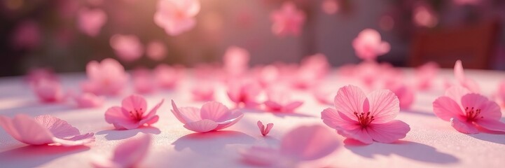 Fototapeta premium Soft sakura petals falling on tablecloth at celebration, elegant, decor, delicate