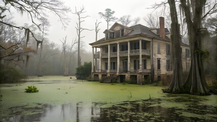 Obraz premium In this remote place, abandoned house and wild swamp stand in stark contrast, embodying juxtaposition of human history and untamed wilderness, while evoking a profound sense of time standing still