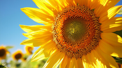 A bright sunflower in close-up, its yellow petals glowing against a clear blue sky.