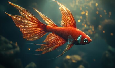 Red betta fish swims gracefully in dark aquarium with sparkling background