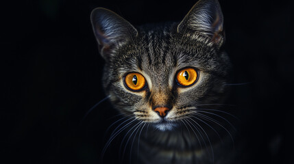 A catâs reflective eyes glowing in the darkness, capturing its mysterious nighttime stare.