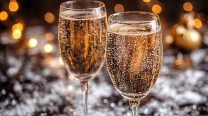 Two elegant champagne glasses filled with bubbly drink, festive background with lights and decorations