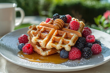 Almond waffles with honey and fresh berries in a serene outdoor garden