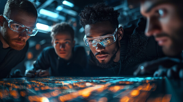 team of sports scientists and athletes analyzing data with technology. Their focused expressions highlight importance of research in sports performance - Powered by Adobe