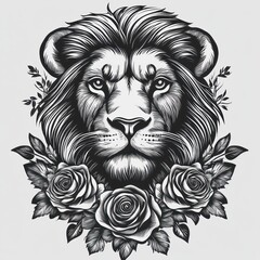 Obraz premium Majestic lion head, roses, monochrome, nature, tattoo design