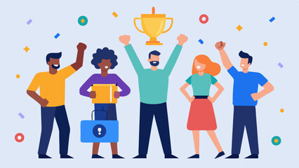 Team Celebration A group of team members celebrating a successful prevention of a cyberattack with confetti and a digital trophy with a lock symbol as they share highfives.