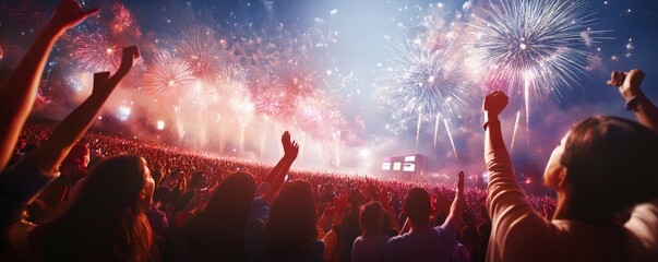 A large crowd celebrating a momentous occasion with colorful fireworks display