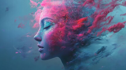 A digital artwork of a woman's face and body, with pink and blue hues, surrounded by pink and blue smoke.