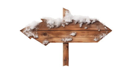 Snow Covered Wooden Signpost Winter Directional Arrow on transparent background	