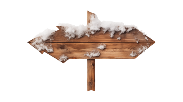 Snow Covered Wooden Signpost Winter Directional Arrow on transparent background